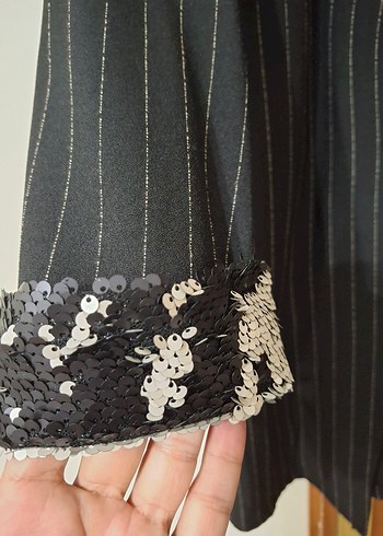 m Beden Düğmeli Siyah Çizgili Uzun Kadın Blazer