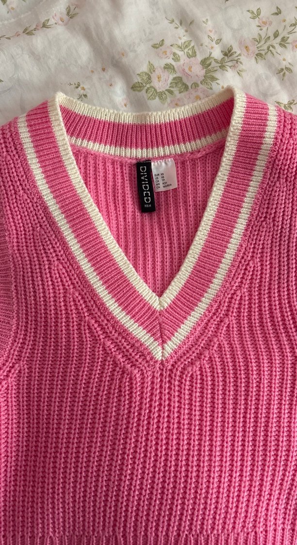 Pembe V Yaka Örgü Kadın Süveter - Görsel 2