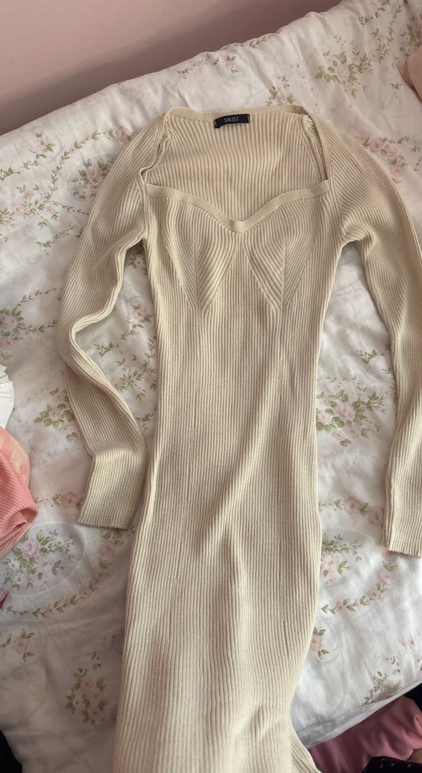 Bej Uzun Kollu Triko Elbise - Görsel 2