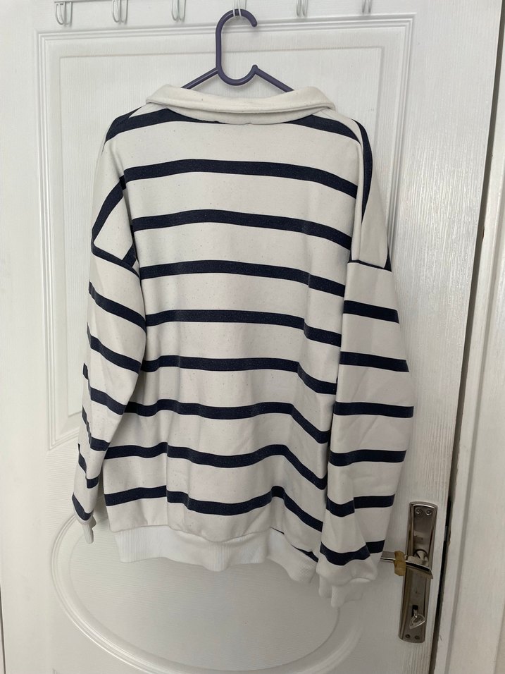 Çizgili Gri Beyaz Pamuklu Uzun Kollu Kadın Kazak - Görsel 4