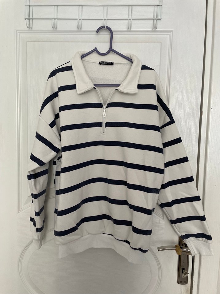 Çizgili Gri Beyaz Pamuklu Uzun Kollu Kadın Kazak - Görsel 2