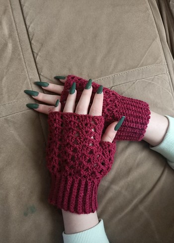 Parmaksız desenli el örgüsü eldiven bordo renkli parmaksız - Görsel 4