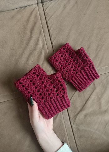 Parmaksız desenli el örgüsü eldiven bordo renkli parmaksız - Görsel 8
