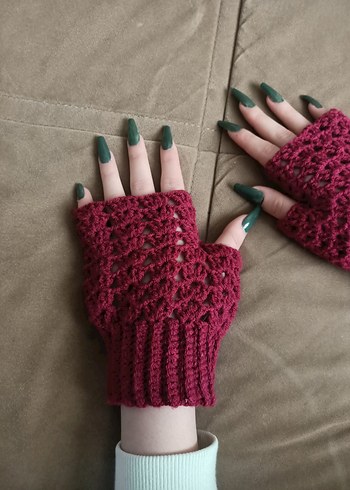 Parmaksız desenli el örgüsü eldiven bordo renkli parmaksız - Görsel 3