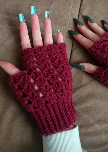 Parmaksız desenli el örgüsü eldiven bordo renkli parmaksız - Görsel 7