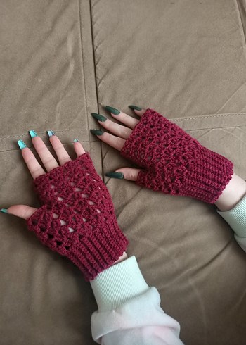 Parmaksız desenli el örgüsü eldiven bordo renkli parmaksız - Görsel 6