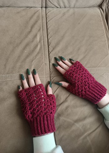 Parmaksız desenli el örgüsü eldiven bordo renkli parmaksız - Görsel 2