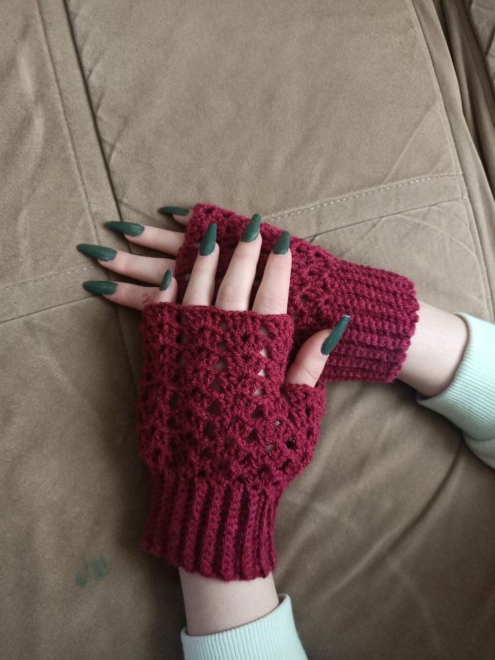 Parmaksız desenli el örgüsü eldiven bordo renkli parmaksız - Görsel 4