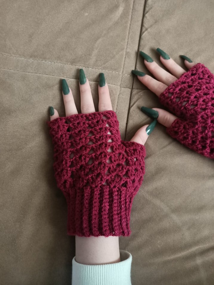 Parmaksız desenli el örgüsü eldiven bordo renkli parmaksız - Görsel 3