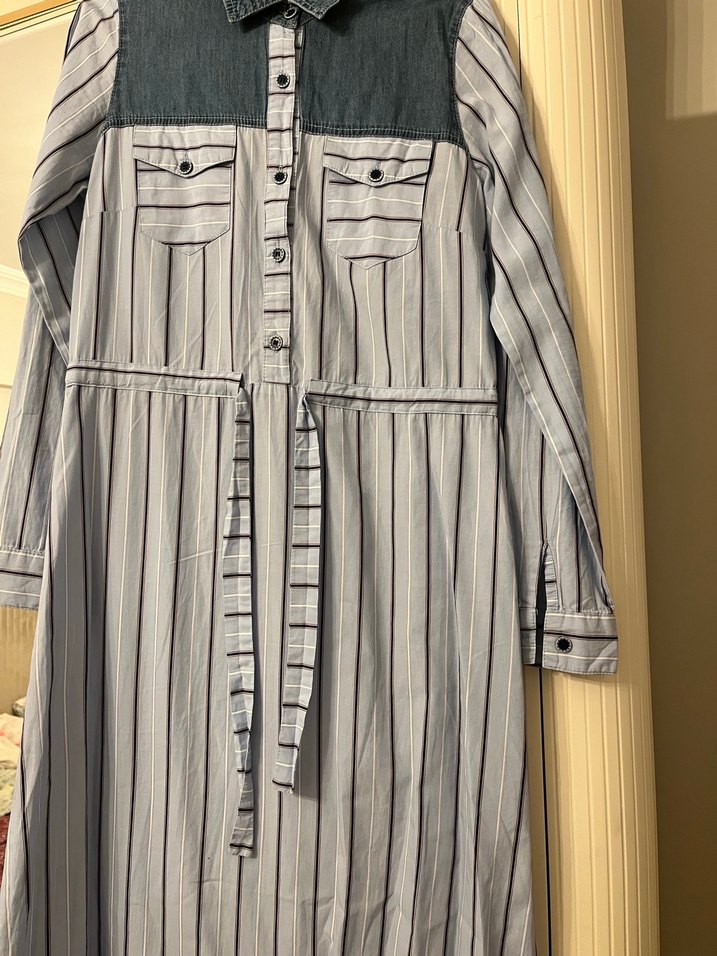 Uzun Kollu Denim Garnili Kadın Gömlek elbise - Görsel 2