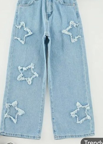 Zara Nakışlı Mavi Bol Kesim Kot Pantolon