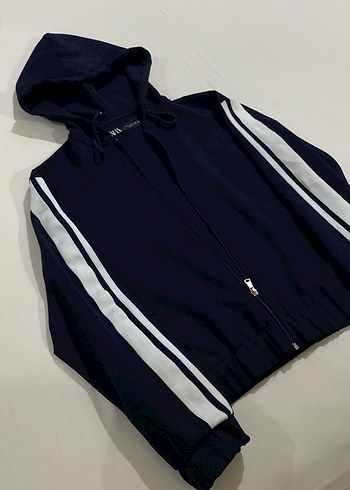 Koyu Mavi Kapüşonlu Fermuarlı Spor Ceket - Görsel 2