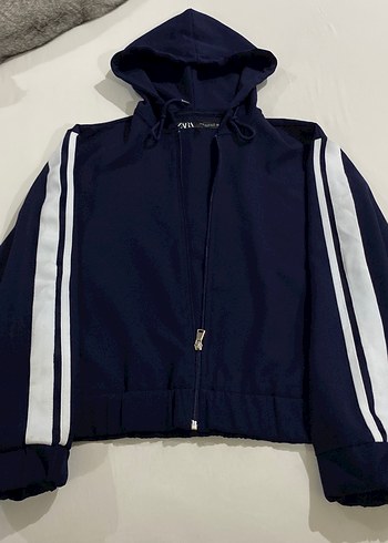 Koyu Mavi Kapüşonlu Fermuarlı Spor Ceket - Görsel 4