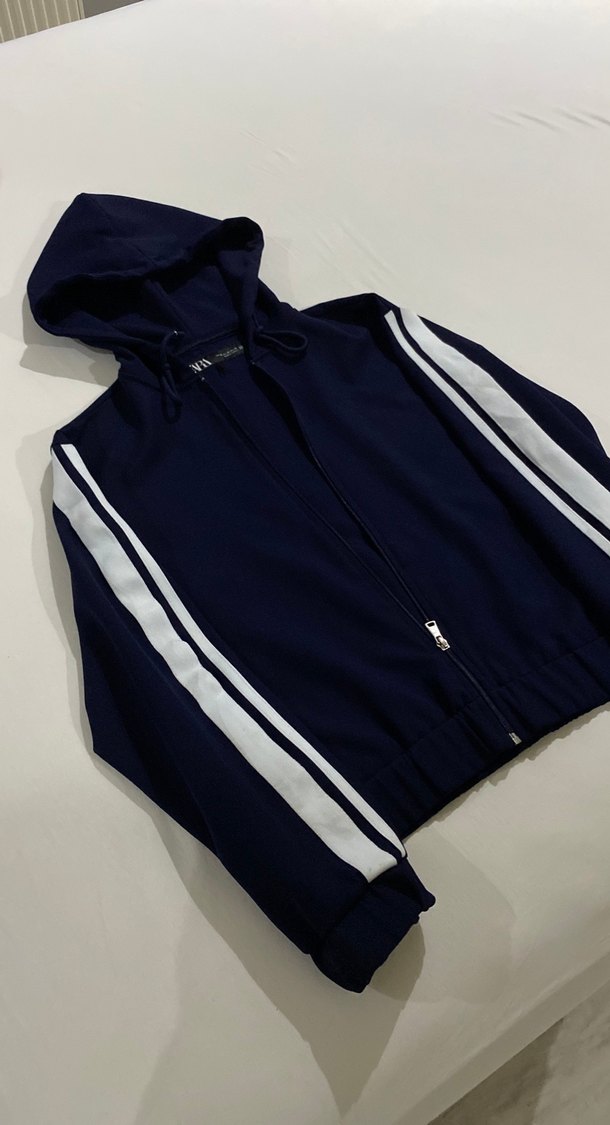 Koyu Mavi Kapüşonlu Fermuarlı Spor Ceket - Görsel 2