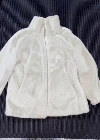 Beyaz Peluş Kadın Ceket, Boğazlı, Rahat Kesim - Görsel 2