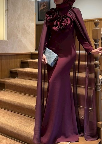 Bordo Uzun Kollu Drapeli Abiye Elbise - Görsel 2