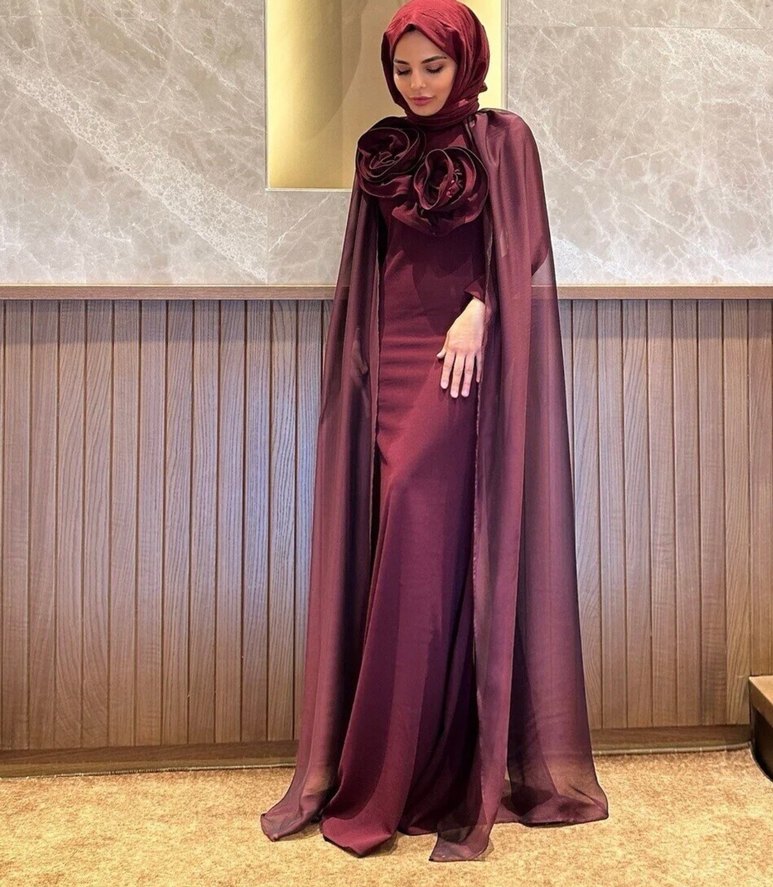 Bordo Uzun Kollu Drapeli Abiye Elbise - Görsel 3