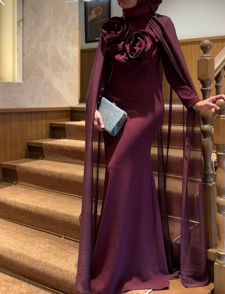 Bordo Uzun Kollu Drapeli Abiye Elbise - Görsel 2