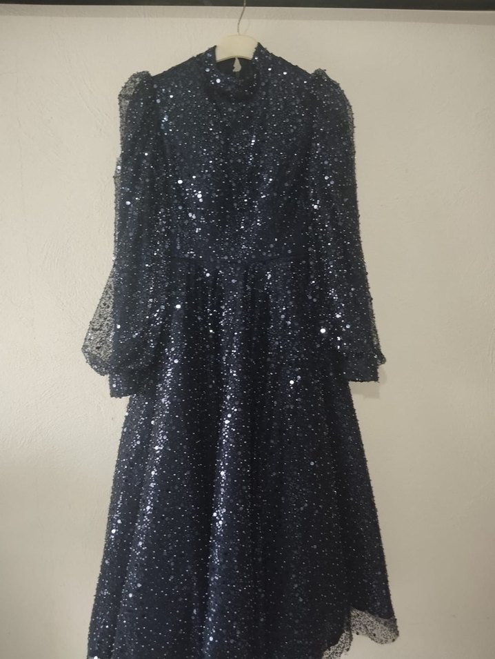 Parlak Nakışlı Lacivert Uzun Abiye Elbise - Görsel 3