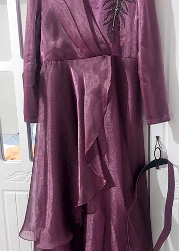 Uzun Mor Yüksek Yakalı Kadın Abiye Elbise - Görsel 5
