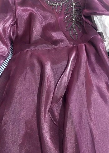 Uzun Mor Yüksek Yakalı Kadın Abiye Elbise - Görsel 4