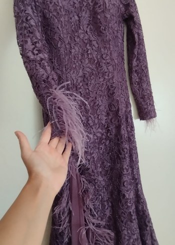 Uzun Mor Kadife Detaylı Kadın Abiye Elbise - Görsel 2