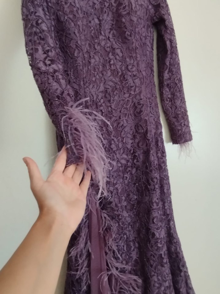 Uzun Mor Kadife Detaylı Kadın Abiye Elbise - Görsel 2