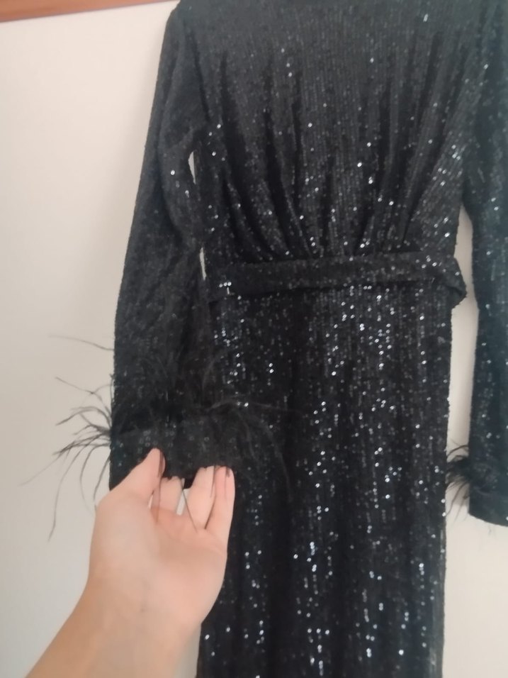 Siyah Uzun Kollu payetli Uzun Abiye Elbise - Görsel 3