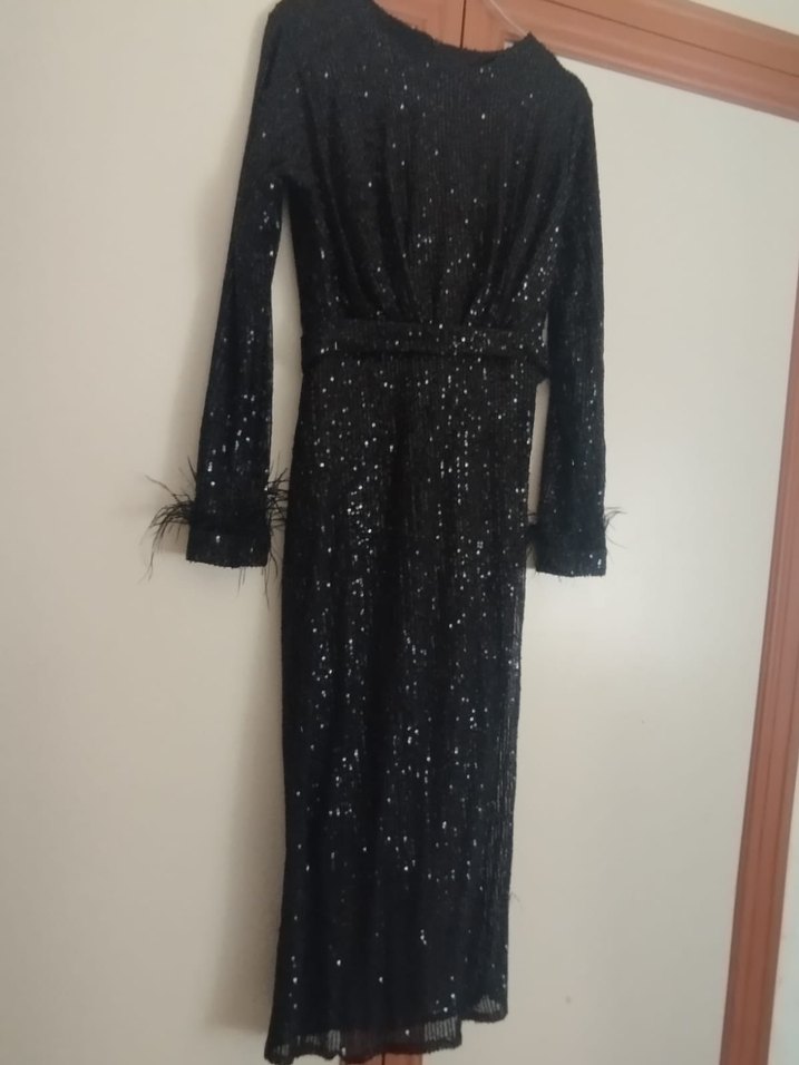 Siyah Uzun Kollu payetli Uzun Abiye Elbise - Görsel 2