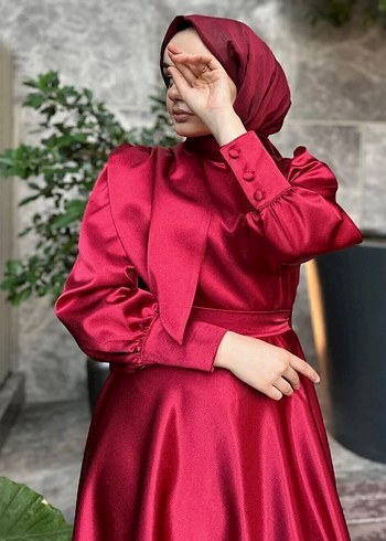 Bordo Uzun Kol Drapeli Abiye Elbise - Görsel 3