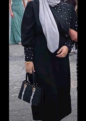 İnci İşlemeli Siyah Uzun Kollu Abiye Elbise - Görsel 3