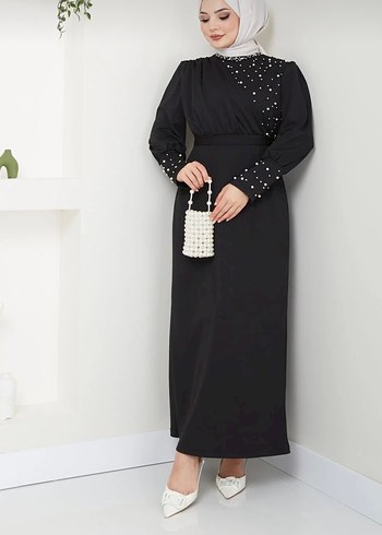 İnci İşlemeli Siyah Uzun Kollu Abiye Elbise - Görsel 2