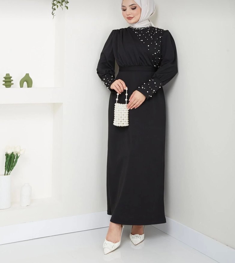 İnci İşlemeli Siyah Uzun Kollu Abiye Elbise - Görsel 2