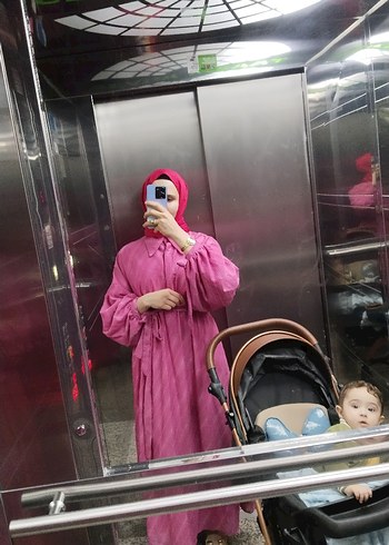 Pembe Bağlama Desenli Uzun Salaş Elbise