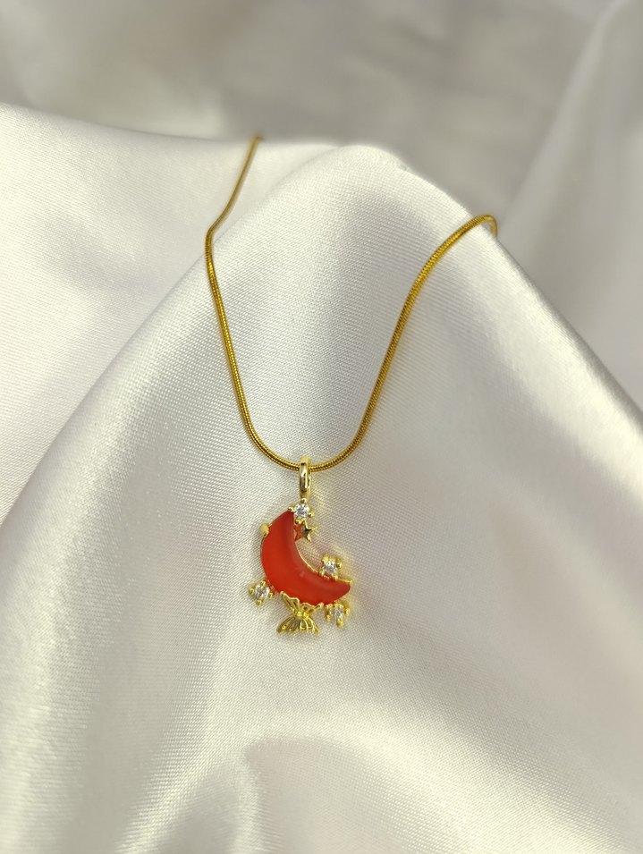 Kırmızı Hilal ve Kelebek Detaylı Bohem gümüş Kolye - Görsel 4