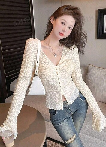 l Beden beyaz Renk SHEIN DAZY Solid Button Front Lettuce Trim Top