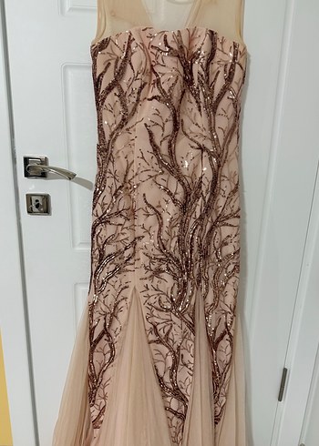 İşlemeli V Yaka Uzun Abiye Elbise - Görsel 2