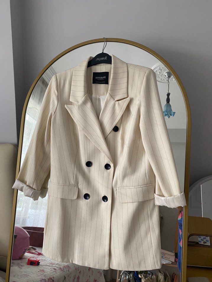 Bej Düğmeli Midi Kadın Blazer Ceket - Görsel 2