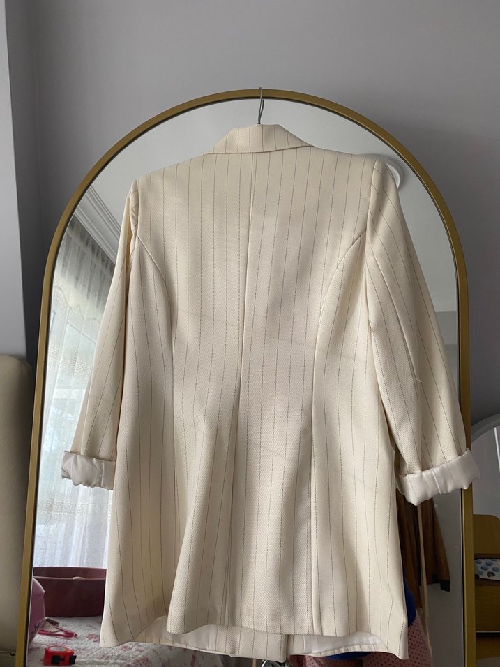 Bej Düğmeli Midi Kadın Blazer Ceket - Görsel 3