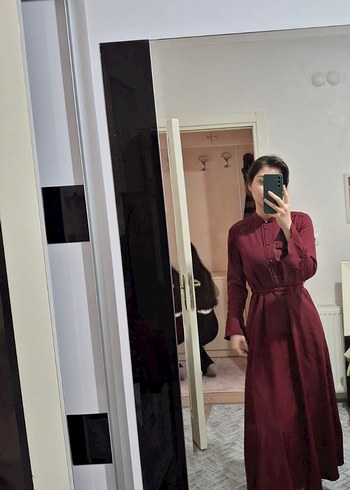 Diğer Bordo Uzun Kollu Yüksek Yakalı Uzun tesettür Elbise