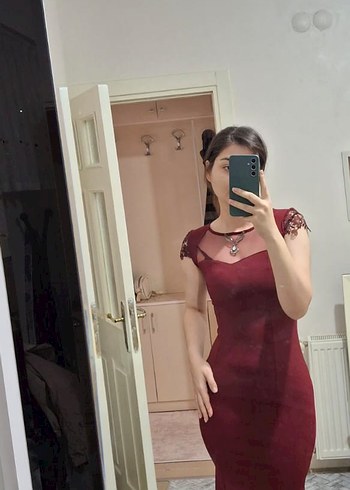 Bordo Straplez Transparan Detaylı balık model abiye Elbise