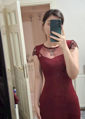 Diğer Bordo Straplez Transparan Detaylı balık model abiye Elbise