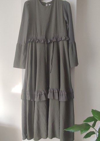 asker yeşili Fırfırlı Uzun Kadın Elbise - Görsel 3