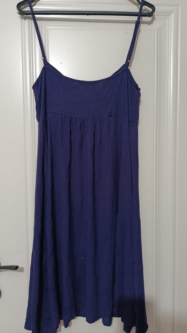 Lacivert Askılı Midi Keten Elbise - Görsel 2