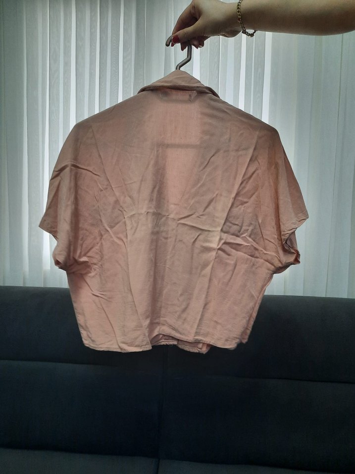 Düğmeli, Kısa Kollu, Bej Keten Gömlek - Görsel 2