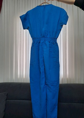 Kadın Mavi Keten Midi Tulum V Yaka - Görsel 2