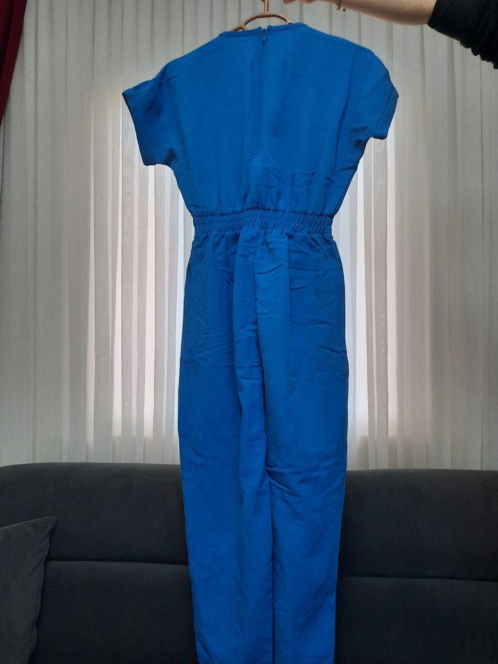 Kadın Mavi Keten Midi Tulum V Yaka - Görsel 2