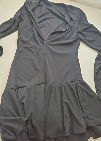 Zara Siyah Drapeli Uzun Kollu Midi Kadın Elbise