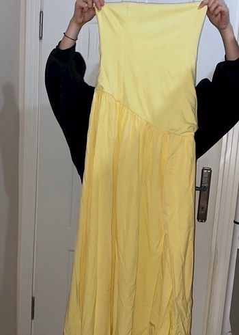 Sarı Drapeli Straplez Uzun Elbise - Görsel 2
