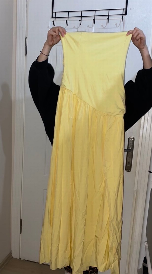 Sarı Drapeli Straplez Uzun Elbise - Görsel 2